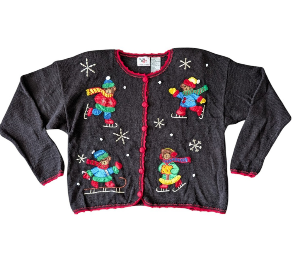 Vintage Nutcracker Black Ugly Christmas Sweater Size Large Bear Ice Skating